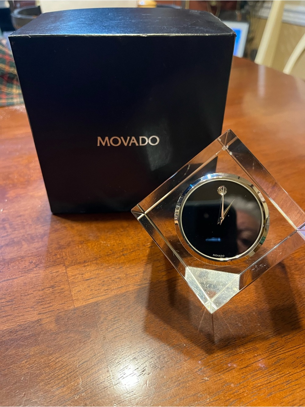 Vintage MOVADO Clear Crystal Cube Desk Clock